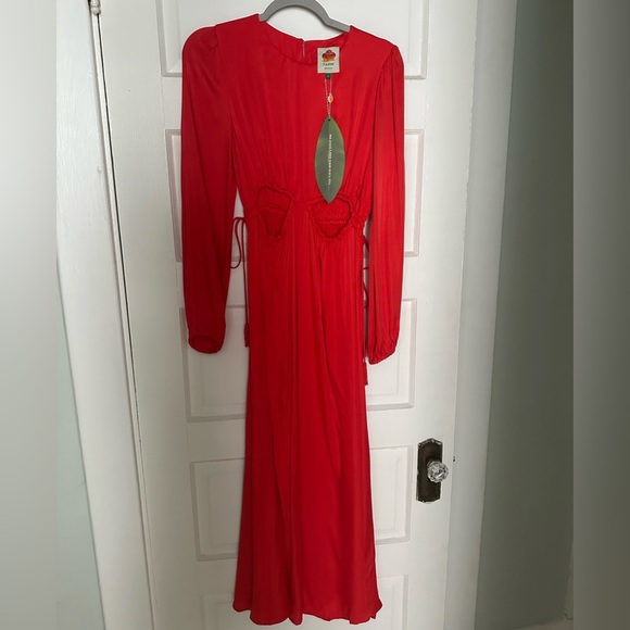 FARM Rio Red Viscose Satin Cutout Dress - Picture 3 of 5